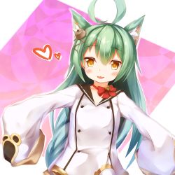 Rule 34 | 1girl, :3, :d, ahoge, akashi (azur lane), animal ears, azur lane, bell, black sailor collar, blush, bow, braid, brown eyes, cat ears, commentary request, dress, green hair, hair between eyes, hair ornament, heart, jingle bell, long hair, long sleeves, looking at viewer, matamataro, mole, mole under eye, open mouth, outstretched arms, red bow, sailor collar, sailor dress, sleeves past fingers, sleeves past wrists, smile, solo, very long hair, white dress
