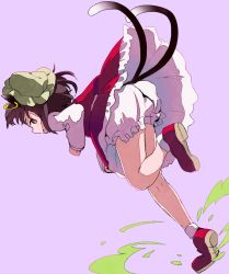 Rule 34 | 1girl, animal ears, bloomers, blush, brown hair, cat ears, cat tail, chen, earrings, fang, fang out, frilled skirt, frills, full body, green hair, green hat, hat, jewelry, leg up, long sleeves, looking at viewer, looking back, multiple tails, purple background, red eyes, red footwear, red vest, shirt, shoes, short hair, simple background, skirt, solo, stepping, tail, tamagogayu1998, touhou, two tails, underwear, vest, white legwear, white shirt