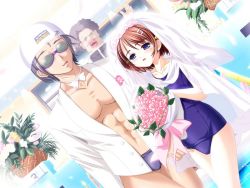 Rule 34 | 1boy, 1girl, blush, bow, bowtie, bridal veil, bride, brown hair, clothes writing, dress, flower, game cg, goggles, groom, hair ornament, hairclip, old school swimsuit, one-piece swimsuit, open clothes, open mouth, purple eyes, purple hair, rose, school swimsuit, shimano kanata, shimano maho, sukumizu ~fecchi ni narumon!~, swimsuit, veil, wedding, wedding dress, what
