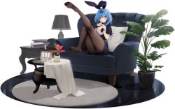 Rule 34 | 1girl, animal ears, azur lane, blue hair, chair, fake animal ears, feet, hair ornament, highres, indoors, lamp, legs, medium hair, miniskirt, nautilus (azur lane), nautilus (afternoon stretches) (azur lane), no shoes, official alternate costume, official art, pantyhose, plant, potted plant, purple skirt, rabbit ears, round table, short sleeves, skirt, soles, solo, suisai (suisao), table, thighs, transparent background, wrist cuffs, x hair ornament