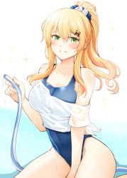 Rule 34 | bare shoulders, between legs, blonde hair, blue one-piece swimsuit, blue scrunchie, blush, breasts, cleavage, collarbone, green eyes, hair between eyes, hair ornament, hair scrunchie, hairclip, hand between legs, holding, holding hose, hose, large breasts, long hair, looking at viewer, mahjong soul, no pants, one-piece swimsuit, ponytail, rui shi (rayze ray), school swimsuit, scrunchie, shiraishi nana, shirt, sidelocks, smile, swimsuit, swimsuit under clothes, white shirt