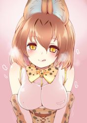 Rule 34 | 10s, 1girl, :d, animal ears, bare shoulders, blush, bow, bowtie, breasts, brown eyes, elbow gloves, fujisaki hikari, gloves, heart, heart-shaped pupils, heavy breathing, highres, kemono friends, large breasts, leaning forward, licking lips, light brown hair, looking at viewer, naughty face, open mouth, pink background, serval (kemono friends), serval print, serval tail, short hair, simple background, sleeveless, smile, solo, symbol-shaped pupils, tail, tongue, tongue out