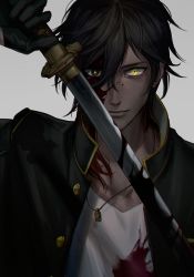 Rule 34 | 10s, 1boy, bad id, bad pixiv id, black eyes, black gloves, black hair, black jacket, blood, blood on clothes, blood on face, bloody weapon, closed mouth, gloves, grey background, hair between eyes, hand up, heterochromia, holding, holding sword, holding weapon, jacket, jewelry, katana, light smile, long hair, looking at viewer, male focus, multicolored hair, necklace, ookurikara, open clothes, open jacket, pendant, red hair, rowya, shadow, simple background, solo, sword, touken ranbu, two-tone hair, unbuttoned, undershirt, unsheathed, upper body, v-neck, weapon, yellow eyes, yellow pupils