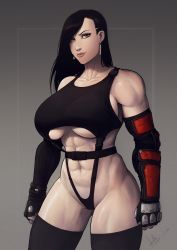 Rule 34 | 1girl, absurdres, asymmetrical bangs, black one-piece swimsuit, black thighhighs, breasts, cowboy shot, devilhs, earrings, elbow gloves, final fantasy, final fantasy vii, final fantasy vii remake, gloves, hair over one eye, hair slicked back, highres, jewelry, large breasts, leotard, lips, long hair, muscular, muscular female, one-piece swimsuit, red eyes, revealing clothes, slingshot swimsuit, solo, standing, suspenders, swept bangs, swimsuit, thighhighs, thighs, thong leotard, tifa lockhart