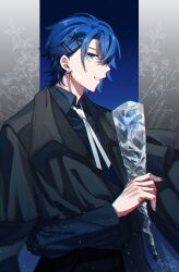 Rule 34 | 1boy, absurdres, blue eyes, blue flower, blue hair, blue nails, commentary request, floral background, flower, hair ornament, hairpin, highres, holding, holding flower, kaito (vocaloid), leaf, long sleeves, looking at viewer, male focus, multiple hairpins, necktie, parang 99, project sekai, sideways glance, solo, teeth, vocaloid, white necktie, zozotown