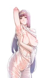 Rule 34 | 1girl, arm up, armpits, blue eyes, blue hair, bow (bhp), breasts, breasts out, circlet, gigantic breasts, long hair, nipples, original, presenting armpit, purple eyes, purple hair, simple background, solo, spread armpit, standing, very long hair, white background