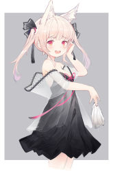 Rule 34 | 1girl, :d, animal ear fluff, animal ears, bare shoulders, between fingers, black dress, black ribbon, blush, breasts, cleavage, collarbone, commentary request, dress, grey background, hair ribbon, hand up, highres, holding, leilin, light brown hair, medium breasts, off shoulder, open mouth, original, red eyes, ribbon, see-through, see-through sleeves, short sleeves, sidelocks, smile, solo, teeth, twintails, two-tone background, upper teeth only, white background, wide sleeves