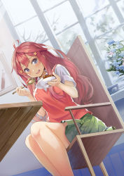 Rule 34 | 1girl, ahoge, bare tree, blue eyes, blush, chair, commentary, commentary request, curry, curry rice, day, drawing (object), dutch angle, feet out of frame, flower, food, from below, go-toubun no hanayome, green skirt, hair ornament, highres, holding, holding plate, holding spoon, indoors, long hair, looking at viewer, nakano itsuki, open mouth, plate, pleated skirt, red hair, red sweater vest, rice, ru roiroiro, school uniform, shirt, short sleeves, skirt, solo, spoon, star (symbol), star hair ornament, sweater vest, table, teeth, tree, uniform, upper teeth only, very long hair, white shirt, window