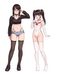Rule 34 | 2girls, adjusting eyewear, bad id, bad pixiv id, black choker, black eyes, black footwear, black hair, blunt bangs, blush, braid, breasts, buckle, choker, closed mouth, collar, collarbone, commentary request, covered erect nipples, covered navel, crop top, elbow gloves, eyelashes, food, full body, glasses, gloves, groin, hair ornament, hair scrunchie, highleg, highleg leotard, highleg panties, highres, leash, legs apart, leotard, long hair, long sleeves, looking at viewer, micro shorts, midriff, mool yueguang, multiple girls, navel, original, panties, panty straps, pink collar, pink scrunchie, popsicle, red-framed eyewear, sailor collar, scrunchie, semi-rimless eyewear, shoes, short shorts, shorts, simple background, small breasts, smile, thighhighs, tongue, tongue out, twin braids, twintails, under-rim eyewear, underwear, white background, white footwear, white gloves, white hair, white leotard