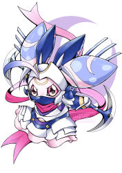 Rule 34 | absurdres, animal ears, armor, colored skin, commentary request, cosplay, crescent, dianamon, dianamon (cosplay), digimon, digimon (creature), extra ears, full armor, helmet, highres, holding, holding scythe, lunamon, mask, mouth mask, pink eyes, pink scarf, pink skin, rabbit ears, scarf, scythe, shingetsu (doru0222), simple background, watermark, white background