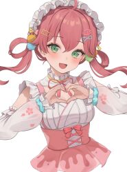 Rule 34 | 1girl, absurdres, blush, breasts, commentary request, cropped torso, detached sleeves, dress, eyelashes, falling petals, green eyes, hair between eyes, hair ornament, hair rings, hanazawa ma, head tilt, heart, heart hands, highres, hololive, looking at viewer, maid headdress, medium breasts, official alternate costume, open mouth, petals, pink dress, pink hair, sakura miko, sakura miko (new year), smile, solo, transparent background, twintails, upper body, virtual youtuber, white dress