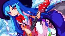Rule 34 | 1girl, black headwear, blue hair, blue skirt, bow, bowtie, brodall pixel, center frills, commentary, dutch angle, english commentary, frills, grin, guitar, highres, hinanawi tenshi, holding, holding instrument, instrument, long hair, looking at viewer, pixel art, puffy short sleeves, puffy sleeves, red bow, red bowtie, red eyes, shirt, short sleeves, sidelocks, skirt, smile, solo, touhou, very long hair, white shirt