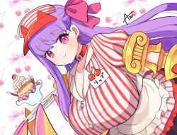 Rule 34 | 1girl, azu (kirara310), breasts, cherry, claw (weapon), cleavage, cosplay, earrings, fate/extra, fate/extra ccc, fate/grand order, fate (series), food, fruit, hair ribbon, huge breasts, jewelry, long hair, looking at viewer, name tag, passionlip (fate), pink ribbon, purple eyes, purple hair, ribbon, single earring, smile, solo, tamamo (fate), tamamo cat (fate), tamamo cat (fate) (cosplay), tamamo cat (lostroom outfit) (fate) (cosplay), visor cap, waitress, weapon