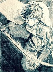 Rule 34 | 1boy, cape, crosshatching, emiya shirou, facing viewer, fate/grand order, fate (series), flaming sword, flaming weapon, greyscale, hatching (texture), holding, holding sword, holding weapon, igote, kani seijin, limited/zero over, male focus, monochrome, outstretched hand, senji muramasa (fate), solo, sword, weapon