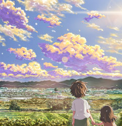 Rule 34 | 1boy, 1girl, anime coloring, bare arms, blue sky, brother and sister, brown dress, brown hair, child, cloud, commentary request, day, dress, enokoro (yamanoko2011), farm, from behind, greenhouse, holding hands, lens flare, light particles, mountain, original, outdoors, rural, scenery, shirt, short hair, siblings, sky, sleeveless, sleeveless dress, sunset, town, upper body, white shirt