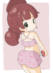 Rule 34 | 1girl, absurdres, ass, bare arms, bare shoulders, bikini, blush stickers, brown hair, chloe (pokemon), closed mouth, commentary request, creatures (company), criss-cross halter, from behind, game freak, green eyes, halterneck, highres, holding, holding poke ball, long hair, looking at viewer, looking back, nintendo, pink background, pink bikini, poke ball, pokemon, pokemon (anime), pokemon journeys, rururu (pyrk8855), solo, swimsuit, thick eyebrows, two-tone background, white background