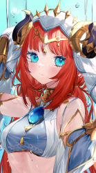 Rule 34 | 1girl, aqua eyes, arm up, blue background, blush, breasts, brooch, circlet, closed mouth, colored eyelashes, detached sleeves, dot nose, eyelashes, gen arare, genshin impact, gold trim, highres, horns, jewelry, long hair, looking at viewer, low twintails, medium breasts, neck ring, nilou (genshin impact), red hair, see-through, shirt, simple background, smile, solo, sparkle, twintails, twitter username, upper body, vambraces, veil, water, water drop, wet, white headwear, white shirt, white sleeves