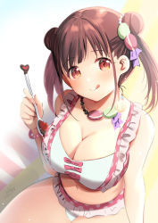 Rule 34 | 1girl, :p, azuma yuki, bare arms, beach towel, bikini, bracelet, breasts, brown eyes, brown hair, cleavage, closed mouth, collarbone, commentary request, double bun, food, food-themed hair ornament, frilled bikini, frills, hair bun, hair ornament, highres, holding, holding spoon, idolmaster, idolmaster shiny colors, jewelry, licking lips, looking at viewer, macaron hair ornament, medium breasts, navel, necklace, osaki amana, pink bikini, short twintails, sitting, smile, solo, spoon, swimsuit, tongue, tongue out, towel, twintails, two-tone bikini, white bikini