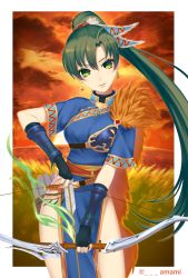 Rule 34 | 1girl, bad id, bad twitter id, bow (weapon), breasts, dress, earrings, fingerless gloves, fire emblem, fire emblem: the blazing blade, fire emblem heroes, gloves, green eyes, green hair, high ponytail, jewelry, long hair, looking at viewer, lyn (fire emblem), medium breasts, nintendo, ponytail, smile, solo, standing, very long hair, weapon