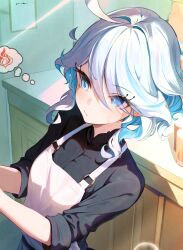 Rule 34 | 1girl, alternate costume, apron, black shirt, blue eyes, blue hair, commentary request, cowlick, from above, furina (genshin impact), genshin impact, highres, indoors, lumo 1121, multicolored hair, shirt, sleeves rolled up, two-tone hair, white apron, white hair, window