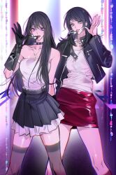 Rule 34 | 2girls, bang dream!, bang dream! it&#039;s mygo!!!!!, bare shoulders, black choker, black gloves, black hair, black jacket, black skirt, black thighhighs, choker, chromatic aberration, collarbone, gloves, green eyes, hair between eyes, hand up, headset, highres, jacket, jewelry, long hair, long sleeves, looking at viewer, m omoo, microphone, mole, mole under eye, multiple girls, necklace, open clothes, open jacket, open mouth, parted lips, pleated skirt, purple eyes, red skirt, shiina taki, shirt, skirt, strapless, strapless shirt, teeth, thighhighs, upper teeth only, very long hair, white shirt, yahata umiri, zettai ryouiki, zipper