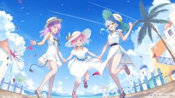 3girls :d alternate_costume aqua_hair belt black_belt blue_eyes blue_hair blue_sash blue_shorts blue_sky bow braid brat_(brabrabrat00) cloud colored_inner_hair commentary_request contrail copyright_notice cumulonimbus_cloud day demon_girl demon_tail double-parted_bangs dress earrings falling_petals fang frilled_dress frills hair_between_eyes halterneck hat highres holding_hands hololive hoshimachi_suisei jewelry long_hair looking_at_another minato_aqua multicolored_hair multiple_girls off-shoulder_dress off_shoulder official_art open_mouth outdoors petals piercing pink_eyes pink_hair pointy_ears purple_hair sandals sash short_hair short_shorts short_sleeves shorts shorts_under_dress side_braid sidelocks skin_fang sky smile spiked_ear_piercing startend_(hololive) streaked_hair sun_hat sundress tail tail_ornament tail_piercing tail_under_clothes toes tokoyami_towa virtual_youtuber waist_bow white_dress white_hat