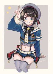 Rule 34 | 1girl, absurdres, aqua eyes, beret, black hair, blouse, blue jacket, blue shorts, blush, bow, bowtie, braid, buttons, collared shirt, cropped jacket, cropped shirt, dakuryuu, grey shirt, grey thighhighs, grin, hair ornament, hairclip, hat, highres, hip vent, hololive, jacket, lace, lace-trimmed panties, lace trim, looking at viewer, midriff, navel, oozora subaru, oozora subaru (work), panties, panty peek, sailor collar, shirt, short hair, shorts, side braid, sitting, smile, solo, striped clothes, striped shirt, swept bangs, teeth, thighhighs, twitter username, underwear, v, vertical-striped clothes, vertical-striped shirt, virtual youtuber