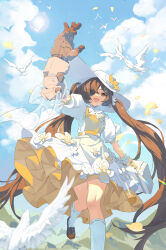 Rule 34 | 1girl, absurdres, alchemy stars, arm up, bird, breasts, briefcase, brown eyes, brown footwear, brown hair, cloud, cloudy sky, dress, eve (alchemy stars), eyebrows hidden by hair, eyepatch, falling petals, flower, frilled dress, frilled wrist cuffs, frills, hat, hat flower, highres, holding, holding briefcase, knees together feet apart, large hat, lens flare, long hair, mechanical arms, mountainous horizon, official alternate costume, open mouth, petals, shi yao, single mechanical arm, sky, small breasts, smile, socks, solo, sun hat, twintails, two-tone dress, very long hair, walking, white dress, white hat, white socks, wrist cuffs, yellow dress