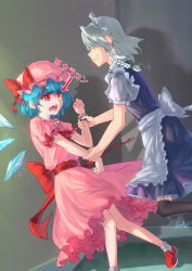 Rule 34 | 2girls, absurdres, alternate eye color, apron, arm grab, arrow (symbol), artist name, ascot, black legwear, blue dress, blue hair, bobby socks, bow, braid, chinese commentary, cirno, colored eyelashes, commentary request, cosplay, crying, crying with eyes open, dress, feet out of frame, from side, gaanzi, grabbing, grin, hat, hat bow, highres, ice, ice wings, indoors, izayoi sakuya, looking at another, maid, maid apron, maid headdress, mob cap, multiple girls, open mouth, pink dress, pink headwear, profile, puffy short sleeves, puffy sleeves, red ascot, red bow, red eyes, red footwear, red sash, remilia scarlet, remilia scarlet (cosplay), sash, shadow, shirt, shoes, short dress, short hair, short sleeves, signature, silver hair, smile, socks, tears, thighhighs, touhou, translation request, v-shaped eyebrows, waist apron, white apron, white legwear, white shirt, wings, you gonna get raped