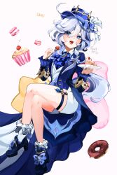 1girl absurdres ascot blue_ascot blue_coat blue_eyes blue_footwear blue_hair blue_hat blush coat commentary_request crossed_legs cupcake donut fang food furina_(genshin_impact) genshin_impact hair_between_eyes hat heterochromia highres holding holding_plate ketari long_hair looking_at_viewer open_mouth ouji_fashion plate shirt shorts simple_background skin_fang smile solo thighs top_hat white_background white_coat white_shirt white_shorts