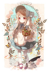 Rule 34 | 1girl, animal, apron, blush, bonnet, brown hair, closed mouth, commentary request, dress, english text, flower, frilled dress, frills, full body, grey dress, grey headwear, hands up, long hair, long sleeves, looking at viewer, original, pantyhose, rabbit, red eyes, red footwear, rose, shoes, sleeves past wrists, solo, standing, very long hair, white apron, white flower, white pantyhose, white rose, yuzuyomogi