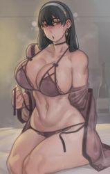 Rule 34 | 1girl, absurdres, alternate breast size, babydoll, black hair, blush, bra, breasts, choker, cleavage, commentary, earrings, embarrassed, english commentary, gold earrings, hairband, highres, huge breasts, jewelry, kelvin hiu, legs together, linea alba, lingerie, long hair, looking away, navel, nose blush, on bed, open mouth, panties, purple bra, red eyes, side-tie panties, sitting, solo, spaghetti strap, spy x family, sweat, thick thighs, thighs, toned, underwear, undressing, white hairband, yor briar