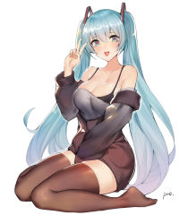 Rule 34 | 1girl, ahegao, aqua eyes, aqua hair, bad id, bad pixiv id, black bra, black thighhighs, blush, bra, breasts, cleavage, full body, hair between eyes, hatsune miku, heart, heart-shaped pupils, highres, large breasts, long hair, looking at viewer, open mouth, pre (preecho), simple background, sitting, solo, symbol-shaped pupils, thighhighs, tongue, tongue out, twintails, underwear, v, very long hair, vocaloid, wariza, white background