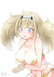 Rule 34 | 1girl, absurdres, bikini, bikini pull, blonde hair, blue eyes, breasts, cleavage, clothes pull, commentary request, cowboy shot, disembodied limb, gambier bay (kancolle), hairband, halterneck, highres, huge filesize, kantai collection, large breasts, momokaze kuri, side-tie bikini bottom, simple background, solo, string bikini, swimsuit, twintails, white background, yellow bikini