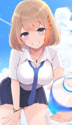Rule 34 | 1girl, absurdres, bent over, black skirt, blue eyes, blue necktie, blue sky, blurry, blurry foreground, blush, bottle, braid, breasts, brown hair, cloud, collarbone, collared shirt, commentary request, day, depth of field, dress shirt, grin, highres, holding, holding bottle, looking at viewer, medium breasts, multicolored hair, nanashi inc., necktie, orange hair, outdoors, pleated skirt, shirt, short sleeves, skirt, sky, smile, solo, streaked hair, temari rin, touri sei, virtual youtuber, water bottle, white shirt