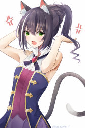 Rule 34 | 1girl, absurdres, alternate hairstyle, anger vein, angry, animal ear fluff, animal ears, artist name, bare arms, bare shoulders, black hair, blush, breasts, cat ears, cat girl, cat tail, commentary request, fang, gem, green eyes, hair between eyes, hands up, highres, holding, holding hair, karyl (princess connect!), long hair, looking at viewer, multicolored hair, open mouth, ponytail, princess connect!, shirt, simple background, sleeveless, sleeveless shirt, small breasts, solo, standing, streaked hair, sukuemon, sweat, tail, tail raised, twitter username, v-shaped eyebrows, white background, white hair, white shirt