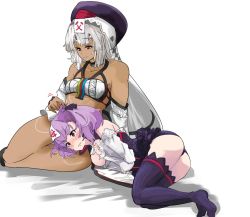 Rule 34 | 2girls, altera (fate), ass, bare shoulders, blush, breasts, choker, closed mouth, dark-skinned female, dark skin, detached sleeves, dress, fate/grand order, fate (series), hat, helena blavatsky (fate), long hair, multiple girls, purple eyes, purple hair, short hair, shousetsu, simple background, small breasts, strapless, tattoo, thighhighs, white background, white hair, white sleeves