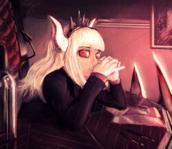 Rule 34 | 1girl, bottle, crown, demon, demon girl, demon horns, demon tail, gloves, helltaker, highres, horns, knilch, looking at viewer, looking to the side, lucifer (helltaker), mole, mole under eye, office lady, red eyes, sitting, tail, throne, white gloves, white hair, white horns