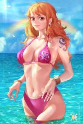 Rule 34 | 1girl, bikini, bracelet, breasts, character name, commentary, copyright name, earrings, english commentary, english text, eyelashes, happy, jewelry, jolly roger, large breasts, log pose, long hair, looking at viewer, nami (one piece), navel, ocean, one piece, orange eyes, orange hair, pink bikini, rainbow, sky, smile, solo, standing, straw hats jolly roger, swimsuit, tattoo, wavy hair, yellow (huang-hotdog)