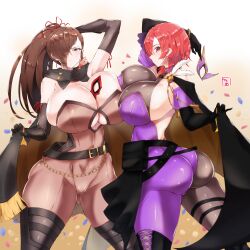Rule 34 | 2girls, ass, asymmetrical docking, asymmetrical legwear, back, backless outfit, bare shoulders, bea (bropmlk), belt, belt pouch, black belt, black gloves, black thighhighs, bodystocking, bodysuit, boots, bracelet, breast press, breasts, brown eyes, brown hair, cameltoe, cape, chain, cleavage, commission, covered navel, cowboy shot, crystal earrings, detached sleeves, domino mask, earrings, elbow gloves, eye mask, feathers, fire emblem, fire emblem: the blazing blade, fire emblem fates, fire emblem heroes, gloves, gold chain, hair over one eye, half mask, highres, holding, holding cape, holding clothes, huge ass, huge breasts, jewelry, kagero (fire emblem), kagero (thief) (fire emblem), leather strap, leila (fire emblem), leila (thief) (fire emblem), long hair, looking at viewer, mask, mature female, mole, mole under mouth, multiple belts, multiple girls, nintendo, official alternate costume, pantyhose, parted bangs, phantom thief, ponytail, pouch, purple bodysuit, red eyes, red hair, scarf, short hair, sideboob, simple background, skeb commission, skin tight, skindentation, smile, tassel, thief, thigh boots, thighhighs, two-tone cape, underboob, undersized clothes, yellow cape