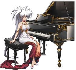 Rule 34 | 1girl, breasts, choker, cleavage, closed mouth, collarbone, dress, fortissimo, full body, hair between eyes, hair ornament, high ponytail, highres, instrument, langrisser, langrisser iii, large breasts, long hair, looking at viewer, luna (langrisser), musical note, musical note hair ornament, official art, piano, red choker, red eyes, sideboob, silver hair, sitting, sleeveless, sleeveless dress, solo, transparent background, very long hair, white dress, white footwear