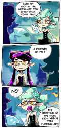 Rule 34 | + +, 2girls, 3koma, aqua hair, black hair, callie (splatoon), car, comic, cousins, detached collar, earrings, english text, fangs, gloves, hikimayu, inkling, inkling player character, jewelry, kiss kiss bang bang, long hair, looking at another, marie (splatoon), mole, mole under eye, motor vehicle, multiple girls, nintendo, object on head, open mouth, parody, pointy ears, profanity, scene reference, setz, sleeveless, splatoon (series), splatoon 1, sweat, sweatdrop, tentacle hair, vehicle, white gloves, yellow eyes