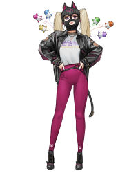 Rule 34 | 1girl, animal ears, black footwear, black jacket, black mask, blonde hair, cat ears, cat tail, fake animal ears, fake tail, full body, highres, jacket, long hair, looking at viewer, original, pants, parted lips, purple eyes, purple pants, rinotuna, shirt tucked in, shoes, simple background, solo, standing, tail, twintails, white background