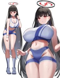 Rule 34 | 1girl, absurdres, alternate costume, black hair, blue archive, blush, breasts, cleavage, dishui tangni, full body, groin, halo, highres, hip vent, huge breasts, looking at viewer, looking down, multiple views, navel, red eyes, rio (blue archive), simple background, sports bra, stomach, two-tone sports bra, white background