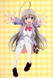 Rule 34 | 1girl, :d, absurdres, ahoge, blazer, blonde hair, blush, bow, bowtie, full body, green background, green eyes, haiyore! nyaruko-san, highres, jacket, loafers, long hair, long sleeves, nyarlathotep (nyaruko-san), official art, open mouth, pink bow, pink bowtie, shoes, simple background, smile, thighhighs, very long hair, white thighhighs