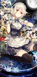 Rule 34 | 1girl, adapted costume, apron, between fingers, black skirt, black thighhighs, blouse, clock, crop top, flower, full moon, gloves, highres, holding, holding knife, izayoi sakuya, knife, knives between fingers, light smile, looking at viewer, maid apron, maid headdress, moon, night, night sky, red eyes, saden (magumo), shirt, short hair, silver hair, sitting, skirt, sky, solo, thighhighs, touhou, white gloves, white shirt