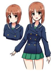 Rule 34 | 10s, 1girl, bad id, bad twitter id, blue coat, brown eyes, brown hair, closed mouth, coat, commentary, cowboy shot, cropped legs, cropped torso, girls und panzer, green skirt, hikyakuashibi, looking at viewer, miniskirt, multiple views, nishizumi miho, ooarai school uniform, open mouth, pleated skirt, school uniform, short hair, simple background, skirt, smile, standing, upper body, white background, winter uniform