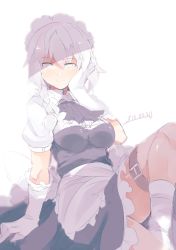 Rule 34 | 1girl, apron, ascot, belt, blue dress, braid, breasts, dated, dress, elbow gloves, fuukadia (narcolepsy), gloves, izayoi sakuya, leg up, light, looking to the side, maid, maid apron, maid headdress, puffy short sleeves, puffy sleeves, short sleeves, silver hair, simple background, single braid, sitting, sketch, smirk, socks, solo, thigh strap, thighs, touhou, white background, white gloves