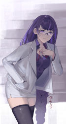Rule 34 | 1girl, absurdly long hair, absurdres, alternate costume, bent over, bespectacled, black thighhighs, blunt bangs, braid, collarbone, commentary, contemporary, genshin impact, glasses, highres, id card, long hair, long sleeves, looking at viewer, low-braided long hair, low-tied long hair, low ponytail, lufi ays, office lady, pencil skirt, purple eyes, purple hair, raiden shogun, sidelocks, simple background, single braid, skirt, smile, solo, thighhighs, twitter username, very long hair, white skirt, zettai ryouiki