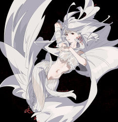 Rule 34 | arm up, armpits, bare shoulders, black background, breasts, dress, earrings, floating, hair between eyes, highres, jewelry, large breasts, long hair, navel, open mouth, original, pink lips, red eyes, see-through, signature, simple background, umishima senbon, white dress, white hair